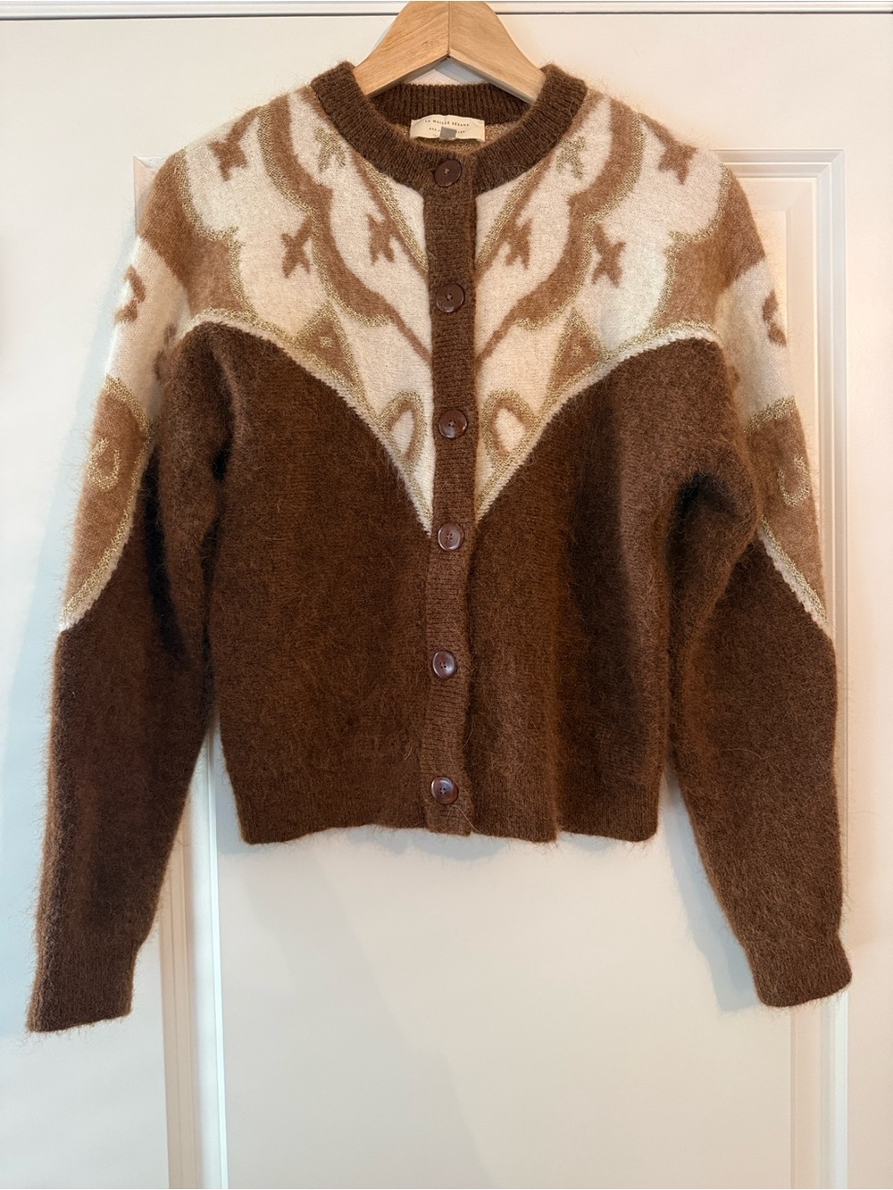Sezane Brown and Cream Patterned Mohair Wool Blend Cardigan with Gold Metallic S - Picture 4 of 15